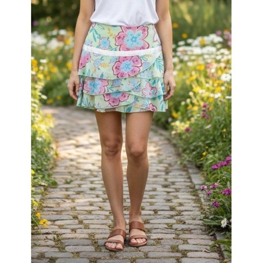 Star City Skirt Women's Size 5 Green Floral Mini Ruffled Tiered Boho Fairycore